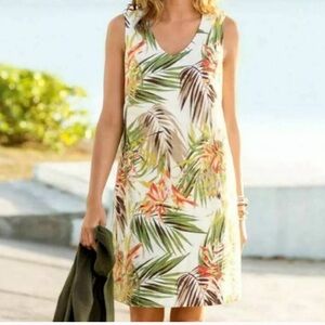 J. Jill Love Linen Sheath Dress Palm Print Pockets Vneck Sleeveless L